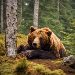 Brown bear lying on the ground in the forest