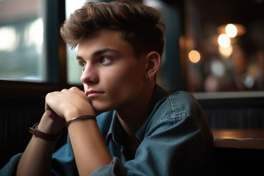 shot of a young gay man looking thoughtful while sitting at a cafe