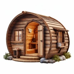 Barrel Wooden Cabin Tiny House Isolated on White. Generative ai