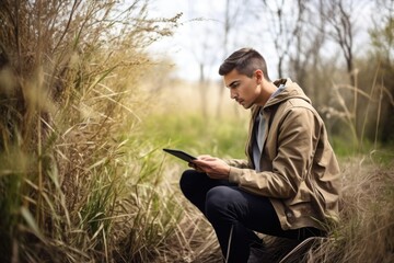 Naklejka na ściany i meble shot of a young man using a digital tablet while working at nature reserve