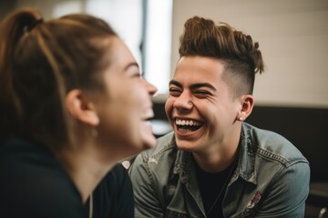 shot of a young woman and man laughing together in an inclusive relationship building workshop