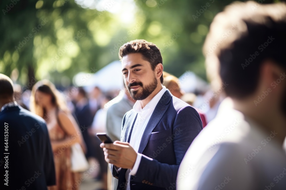 Sticker shot of a man using his smartphone to make a call at an event