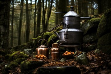 Moonshine still in forest with stone, copper, barrels, stream nearby. Generative AI - obrazy, fototapety, plakaty