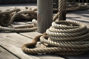 closeup photo of ropes on a wooden deck. Generative AI