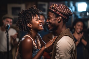 shot of a happy young couple dancing together at an open mic event