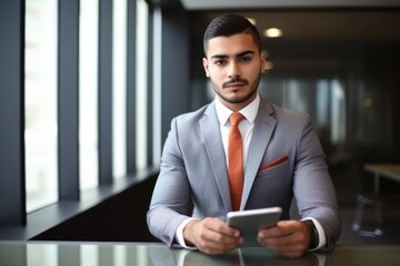 portrait of a young businessman working on a digital tablet in an office