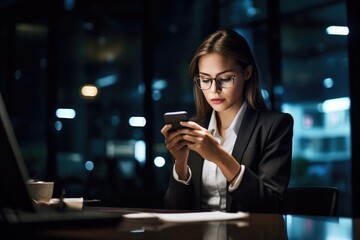 shot of a young businesswoman using her smartphone during a late night at work