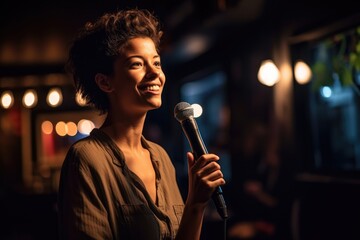 shot of an attractive young woman giving a presentation at an open mic night - obrazy, fototapety, plakaty