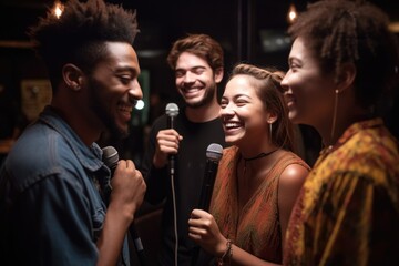 cropped shot of a group of friends socializing at an open mic event