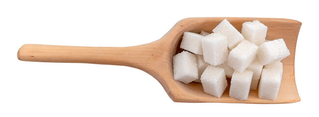 Sugar cubes in a scoop on a white background close-up. View from above. Sugar