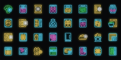 Frozen food icons set outline vector. Bag meat. Product plastic neon color on black