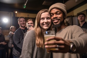 shot of two people taking a selfie at an open mic event