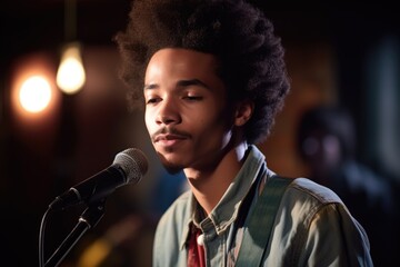 cropped shot of a handsome young performer at an open mic event