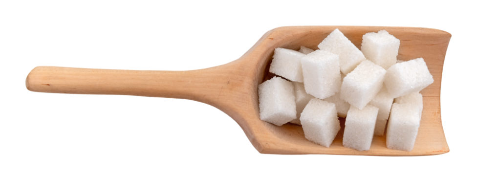 Sugar cubes in a scoop on a white background close-up. View from above. Sugar