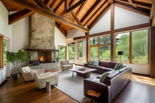 Gorgeous high-ceiling living room with fireplace, wooden beams, and large windows offering stunning tree-filled views. Generative AI