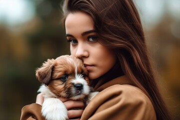 cropped shot of a young woman holding an adorable puppy outdoors
