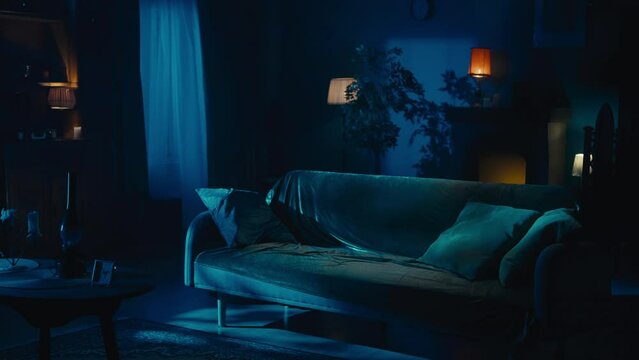 Video of a dark room in the middle of the night. Furniture, couch with cushions, plants and lamps around. Suddenly, lamps start to flicker, flash.