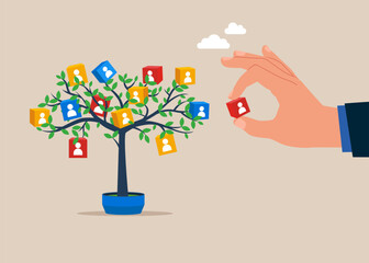 Tree with people icons. Employee recruitment. Attracting and generating income with marketing.  Flat vector illustration