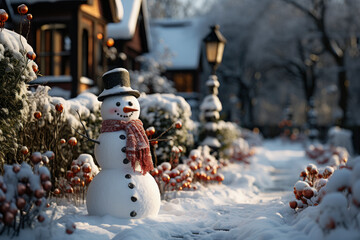 Obraz premium Funny snowman decorated for Christmas in the backyard, traditional New Year celebration, leisure for xmas at home