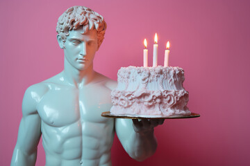 Antique sculpture of a man with a birthday cake. Modern art, neoclassical style in pink and blue...