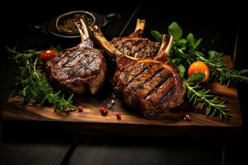Delicious lamb chops and mutton cutlets presented on a wooden board with a dark background. Shot from a top view. Generative AI