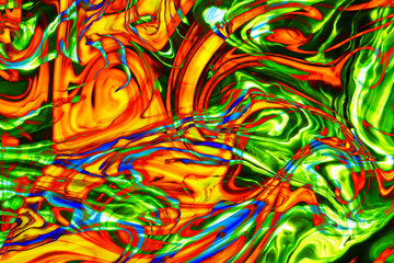 Green and red paint pigment mix. Ornament mosaic swirl shapes background. Neon glow fluid. Light background. Artistic marbling texture. Vibrant color liquid flow. Orange artistic flow.