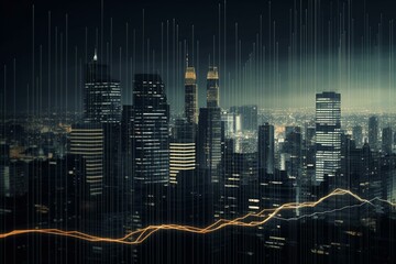 Tech-driven economic graphs towering over city buildings. Generative AI