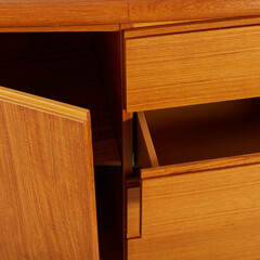 Vintage teak sideboard. Mid-Century Modern Credenza. Close-up product photograph.
