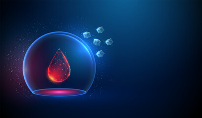 Abstract red drop of blood in glass dome and attacking pieces of sugar. World diabetes day concept.