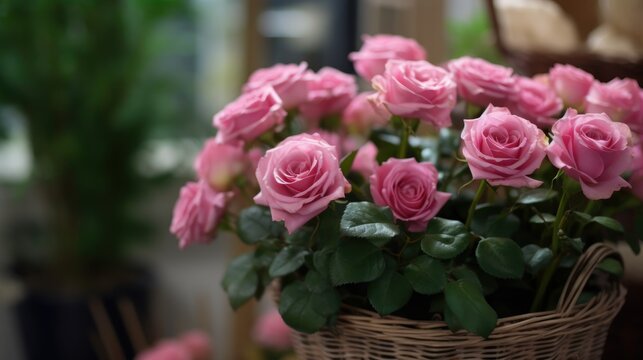 Beautiful pink roses in a wicker basket on the windowsill. Mother's day concept with a space for a text. Valentine day concept with a copy space.