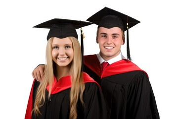 studio shot of a young couple in graduation robes isolated on white