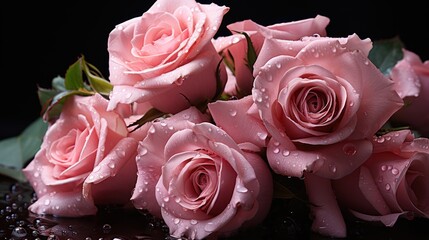 Beautiful pink roses with water drops on a black background, close up. Mother's day concept with a...