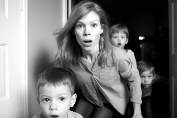 mother leading her two kids away from the camera with a scared expression