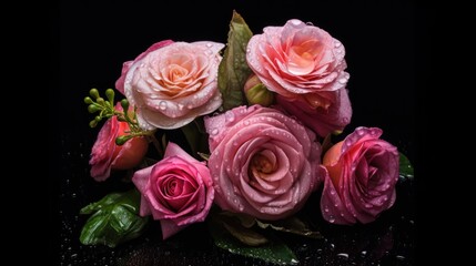 Beautiful bouquet of pink roses on a black background with water drops. Mother's day concept with a space for a text. Valentine day concept with a copy space.