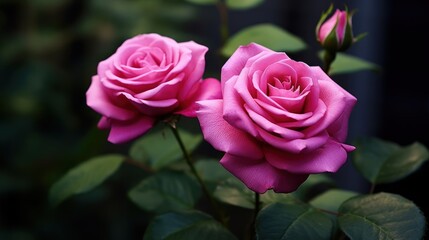 pink roses in the garden with green leaves on a dark background. Mother's day concept with a space for a text. Valentine day concept with a copy space.