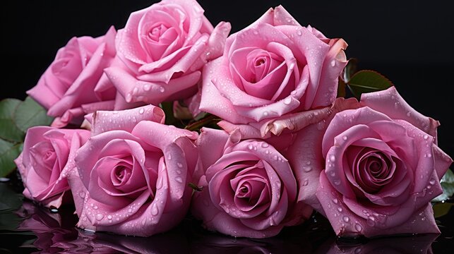 Bouquet of pink roses with water drops on a black background. Mother's day concept with a space for a text. Valentine day concept with a copy space.