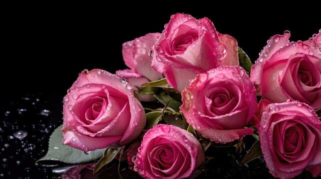 pink roses with water drops on black background, valentines day. Mother's day concept with a space for a text. Valentine day concept with a copy space.