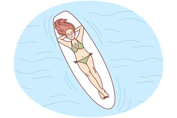 Happy woman lying on board swimming in sea on summer vacations. Smiling girl enjoy summertime in swimming pool. Recreation concept. Vector illustration.