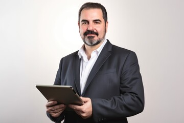studio portrait of a businessman holding up his digital tablet against a copyspace background