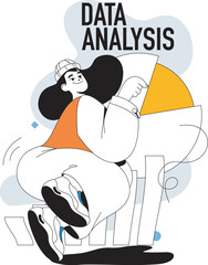 Data analysis concept with people scene in flat line design for web. Woman researching diagram and graphs, making financial report. Vector illustration for social media banner, marketing material.