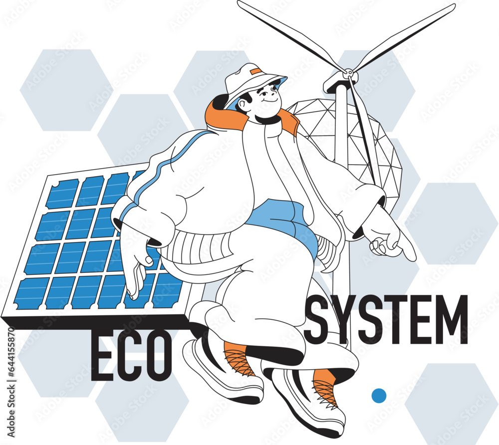 Aufkleber eco system concept with people scene in flat line design for web. man using solar panels and wind po