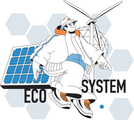 Eco system concept with people scene in flat line design for web. Man using solar panels and wind power station for energy resource. Vector illustration for social media banner, marketing material.