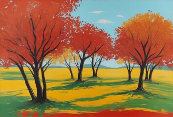 Naklejka na ściany i meble A vibrant, abstract painting of a autumn landscape with trees.