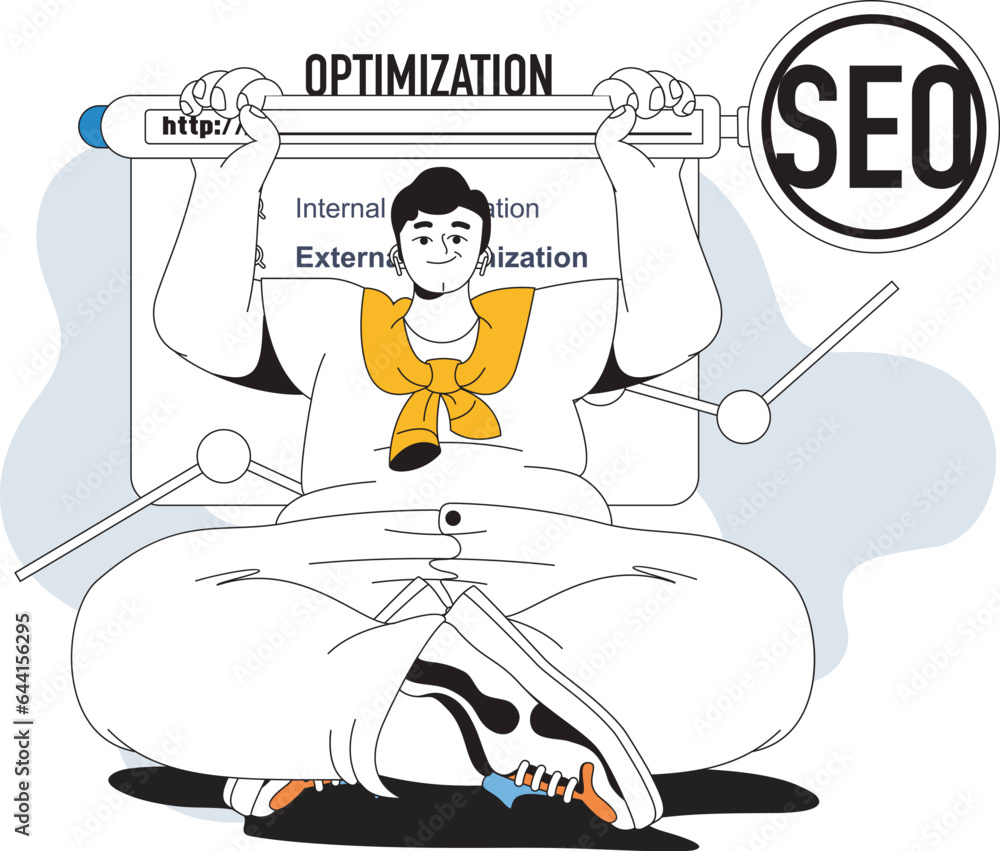 Poster seo optimization concept with people scene in flat line design for web. man analyzing website data, 