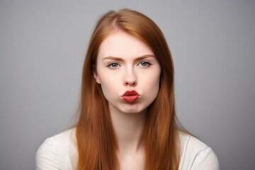 studio shot of a beautiful young woman pouting her lips against a grey background
