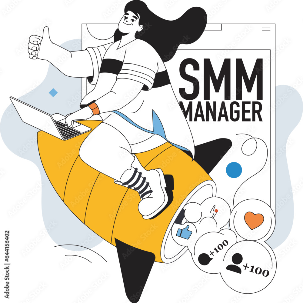 Poster smm manager concept with people scene in flat line design for web. woman analyzing trends, creating 