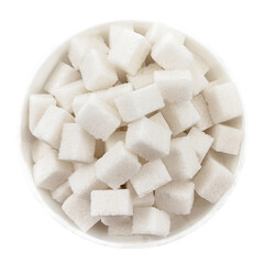 Sugar cubes in a bowl or plate on a white background close-up. View from above. Sugar