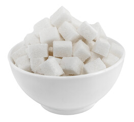 Sugar cubes in a bowl or plate on a white background close-up. View from above. Sugar