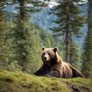 Brown bear lying on the ground in the forest in the background a lot of pine trees