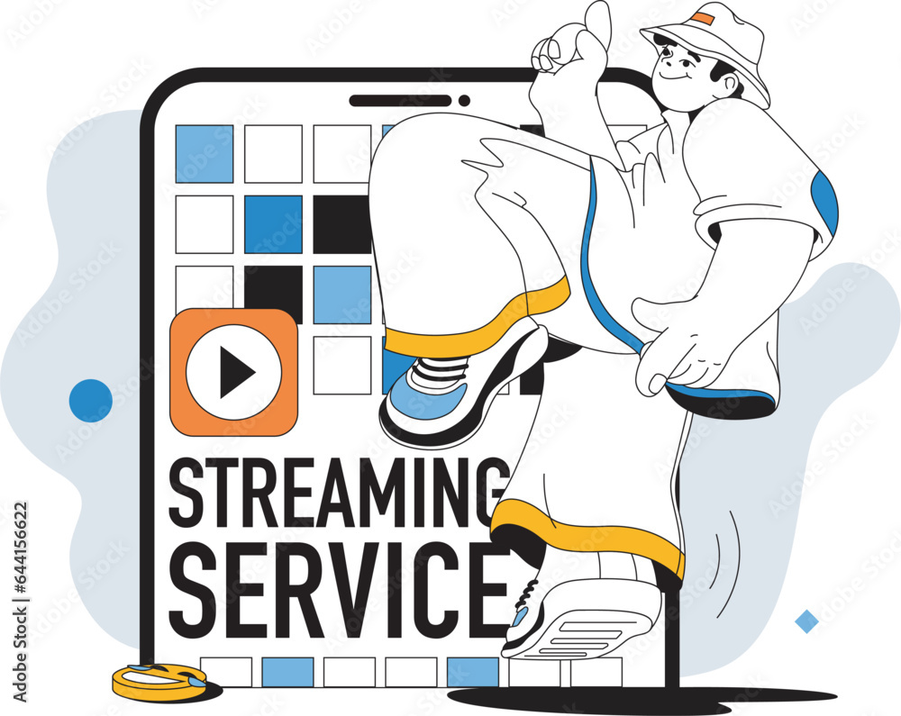 Poster streaming service concept with people scene in flat line design for web. man using online cinema pla